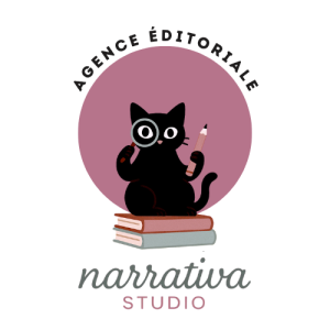 logo ne Narrativa Studio figuarant l'image d'un chat qui tient dans la main un crayon et une loupe sur fond rose